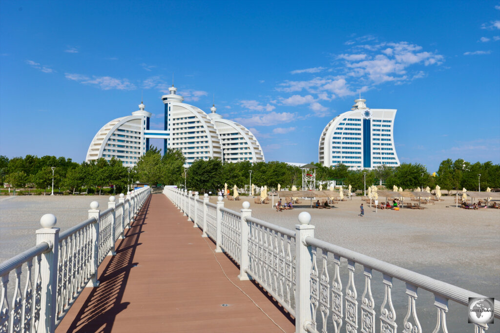White-marble hotels line the Caspian Sea in the Avaza National Tourist Zone at Turkmenbashi.