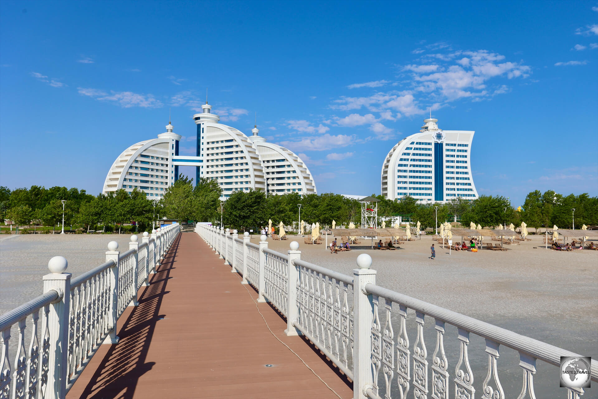 White-marble hotels, line the Caspian Sea in the Avaza National Tourist Zone at Turkmenbashi.