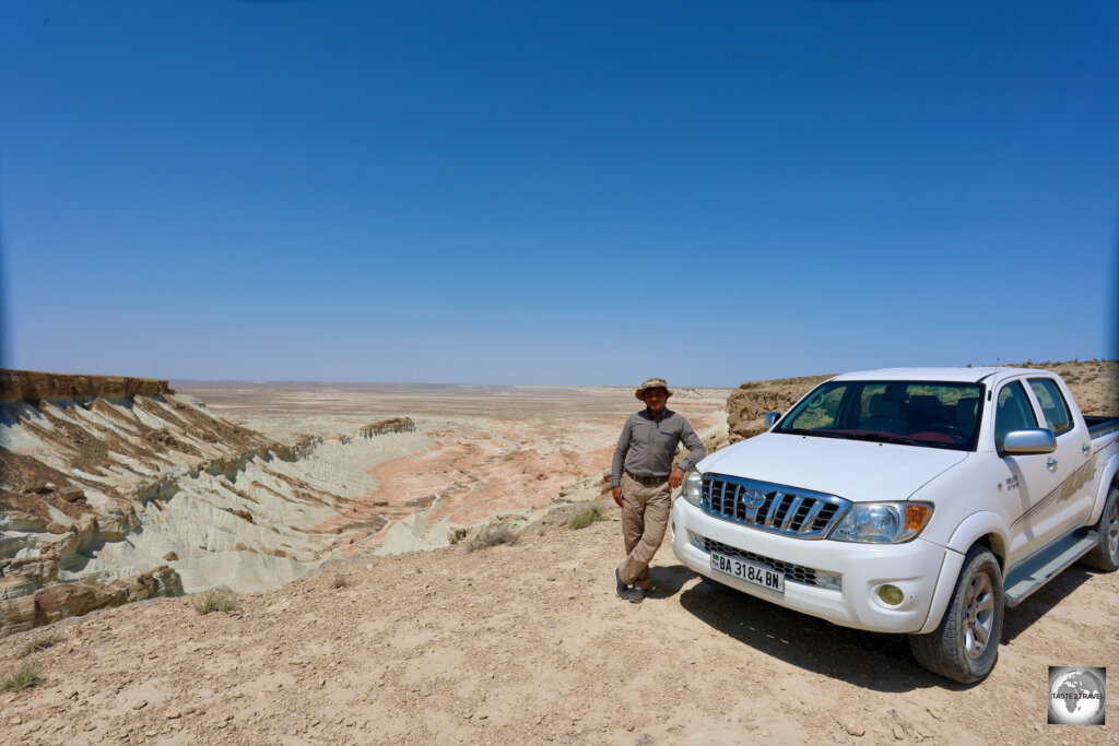 My driver/ guide Rejep, with his trusty Toyota, at the Yangykala Canyon .