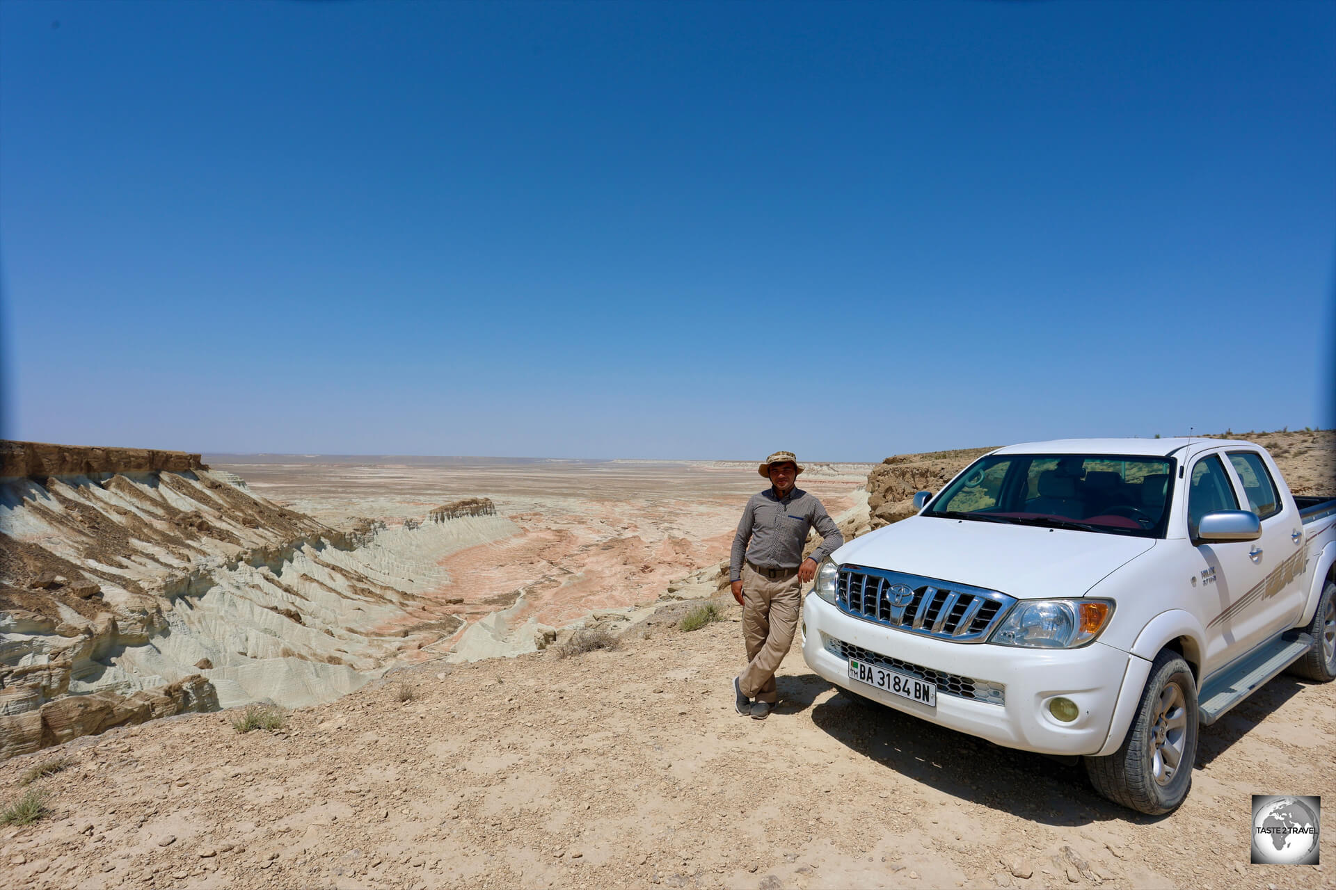 My driver/ guide Rejep, with his trusty Toyota, at the Yangykala Canyon.