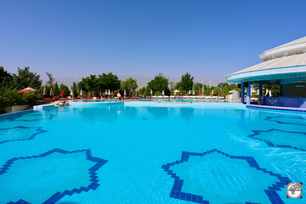The outdoor pool at the Yyldyz Hotel in Ashgabat is very popular with visiting locals.