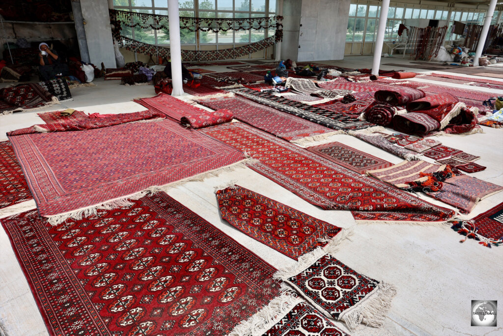 A view of a small selection of the Turkmen carpets, at the carpet bazaar in Ashgabat.