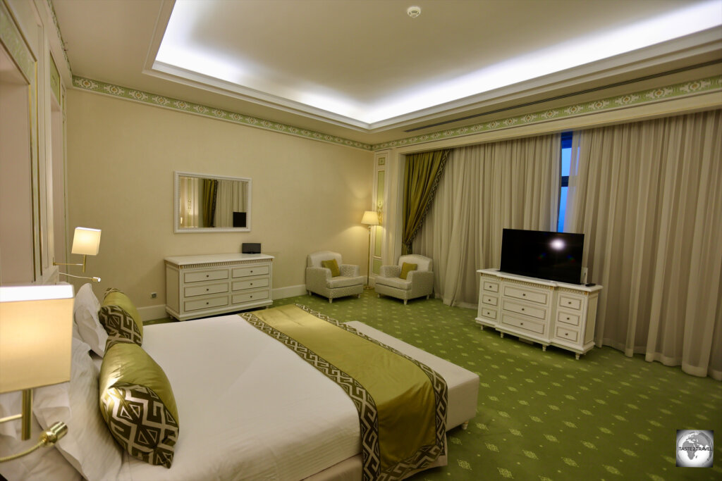 Plenty of room to relax, in my bedroom at the Yyldyz Hotel in Ashgabat.