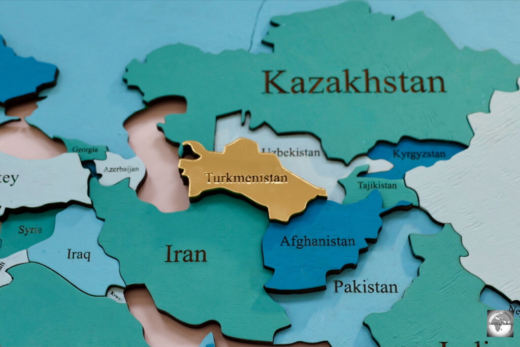 A map on the office wall at Oguz Travel in Ashgabat shows the location of Turkmenistan.