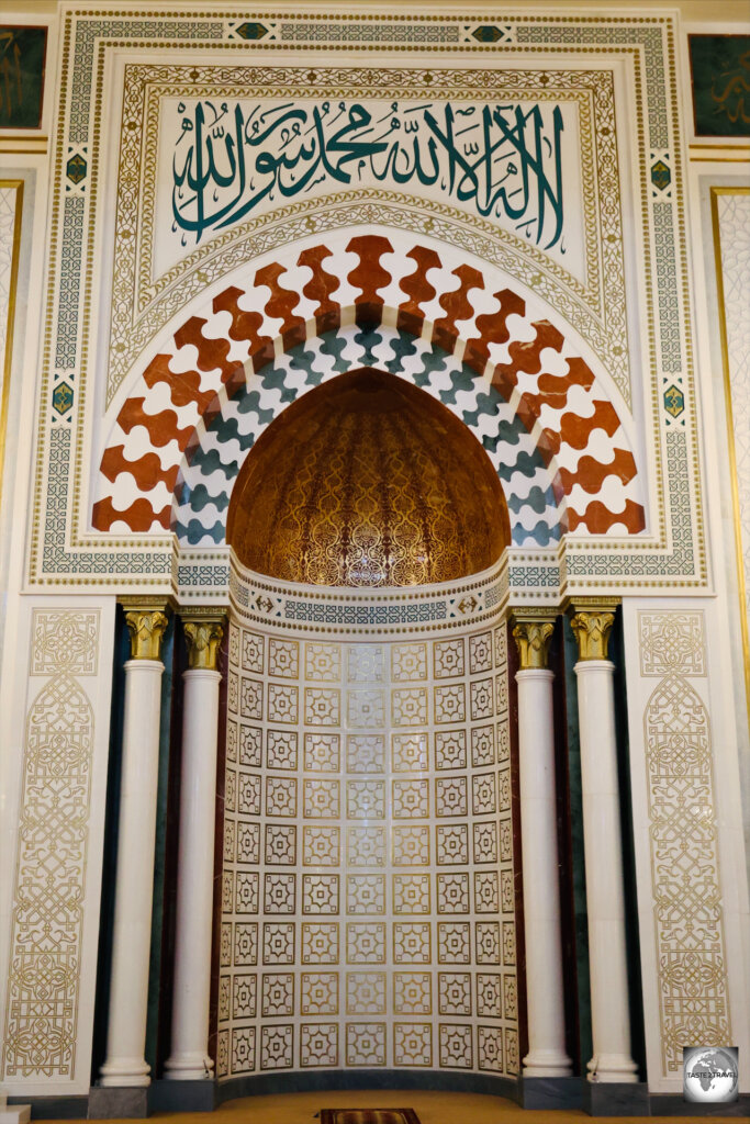 A view of the mihrab at the Turkmenbashi Ruhy Mosque.