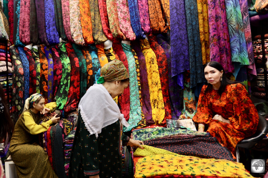 Shopping for cloth at the at the Tolkuchka Bazaar in Ashgabat.