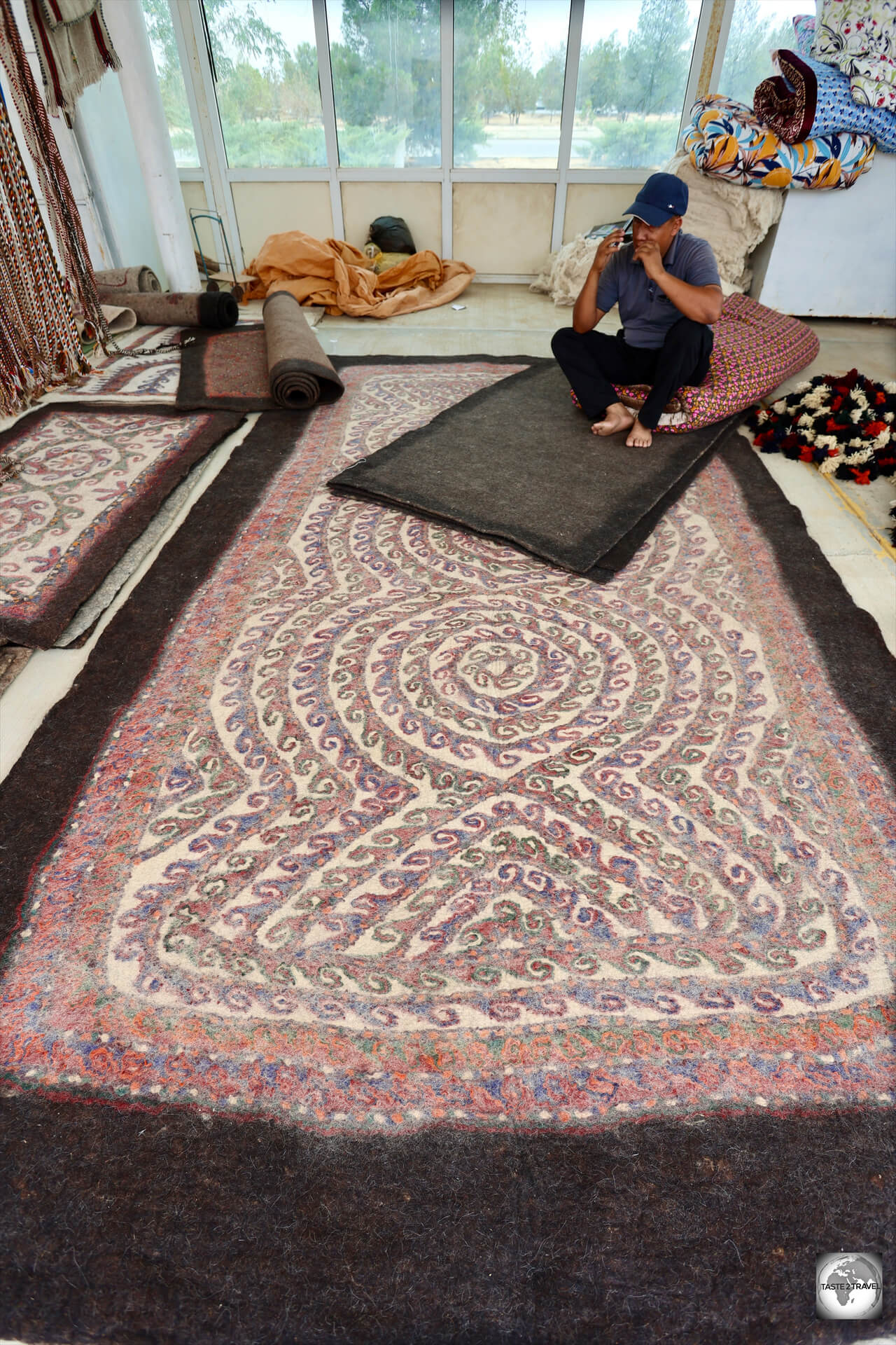 An amazing felt carpet for sale at the Tolkuchka Bazaar. I love felt carpets!
