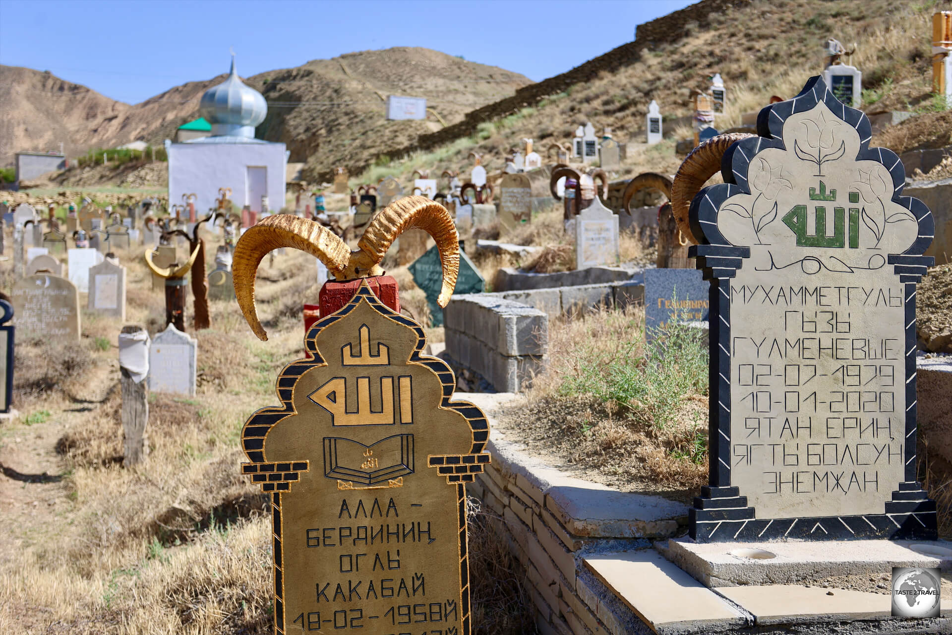 In the mountain village of Nokhur, grave markers include the horns of mountain goats, which are said to ward off evil spirits.