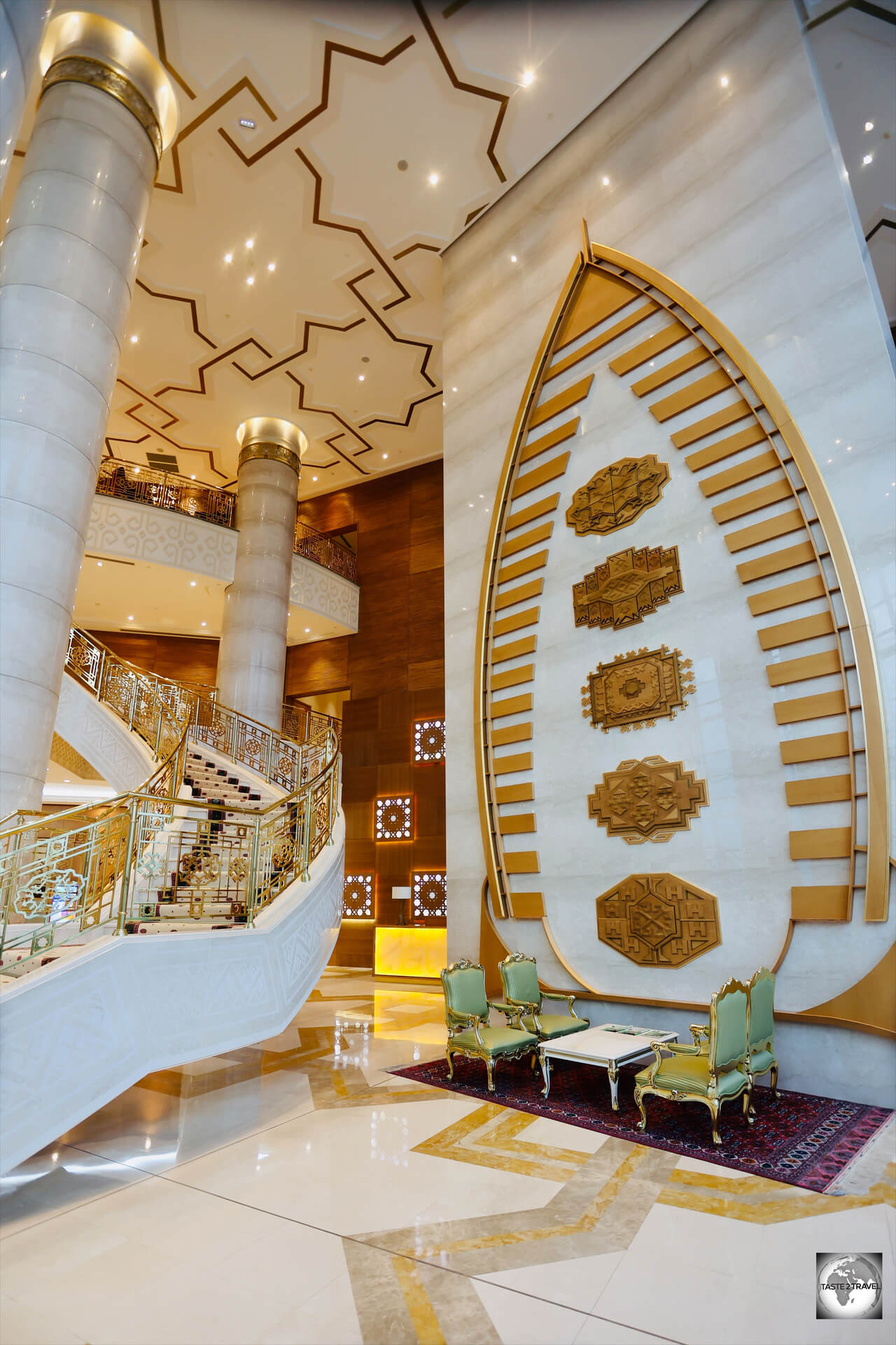 The lofty and plush, marbled-lined lobby, at the Yyldyz Hotel in Ashgabat.