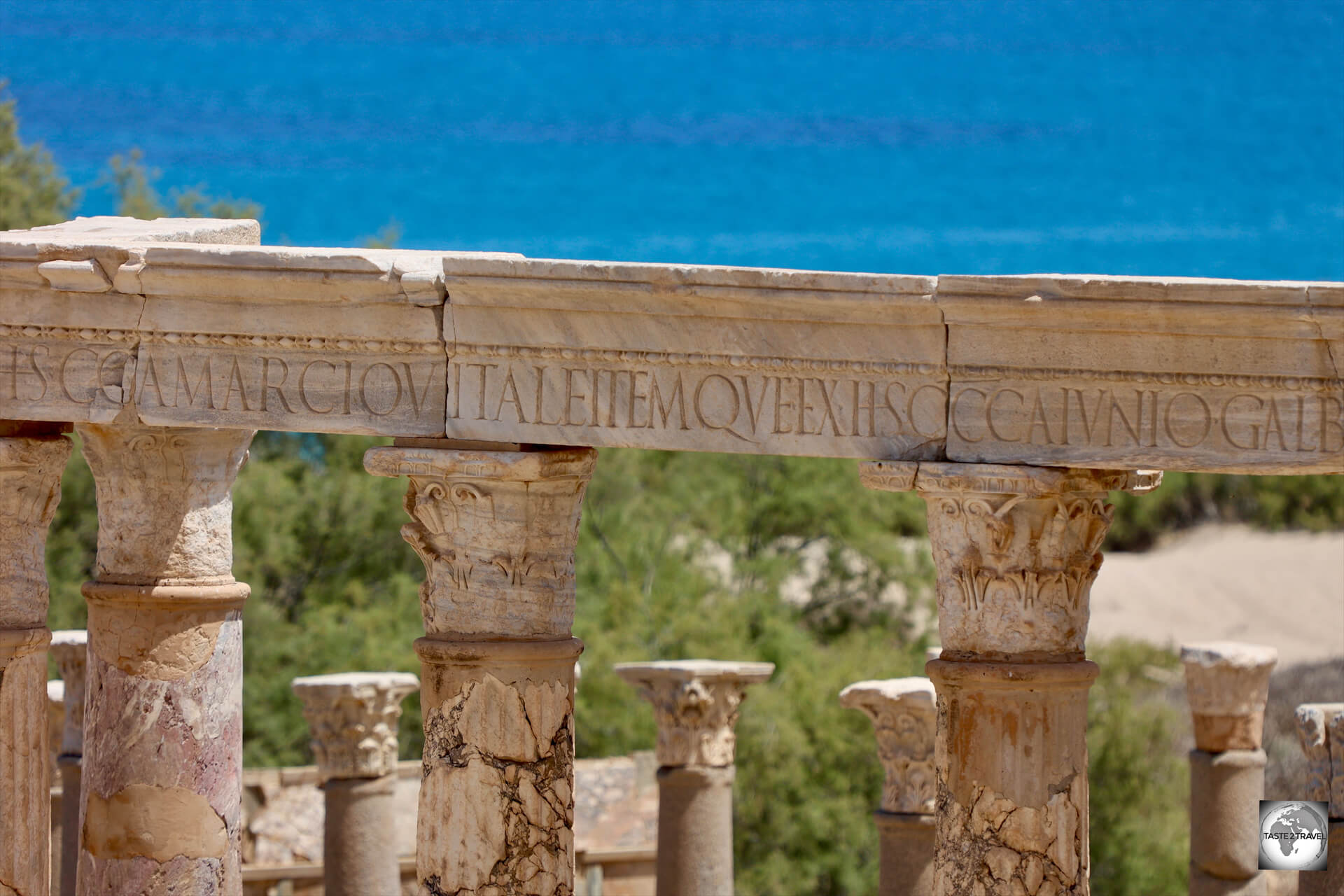 A view of the Mediterranean Sea from the Roman theatre at Leptis Magna.