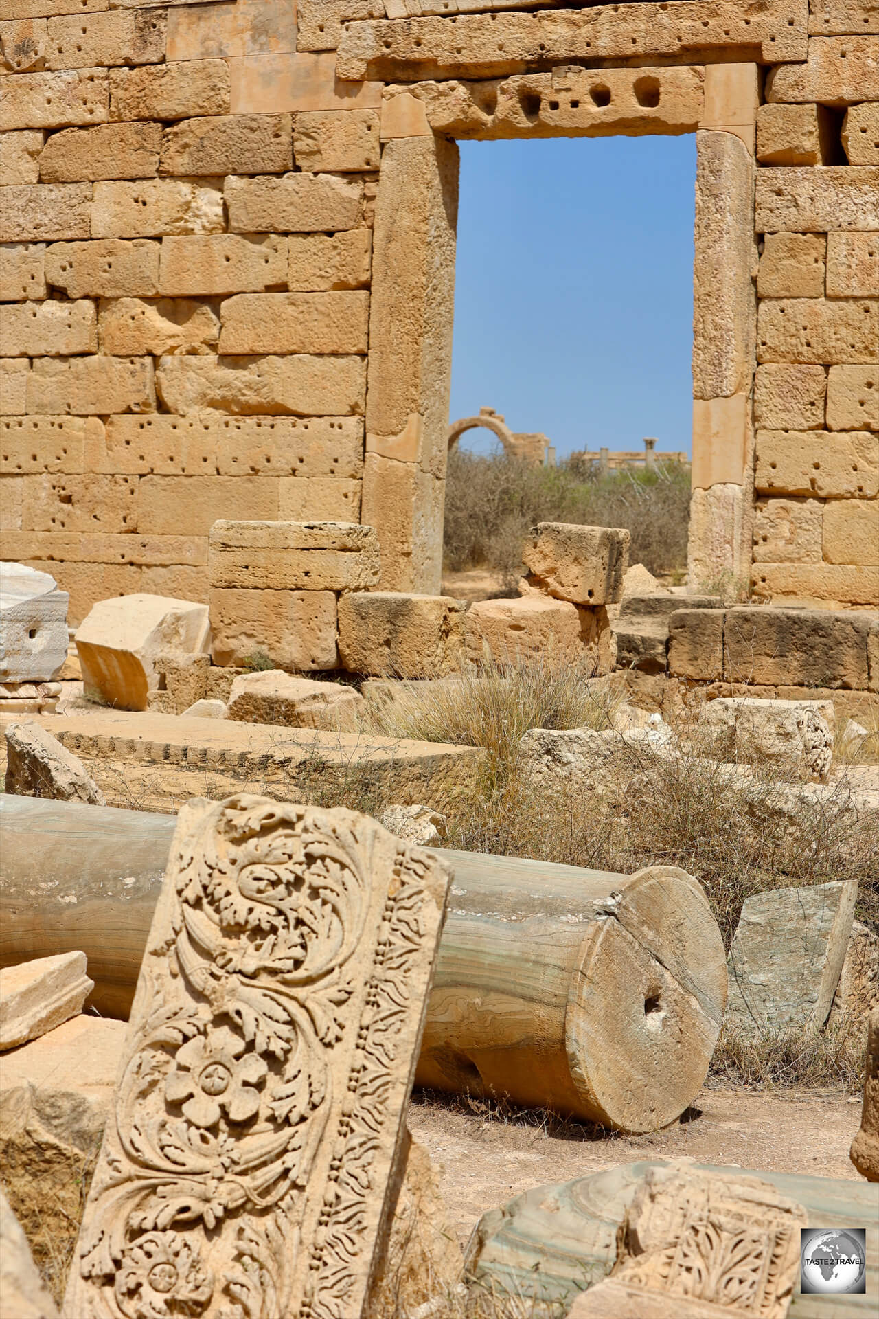 Marble columns, carved friezes, column capitals and much more, inside the Severan Forum at Leptis Magna.