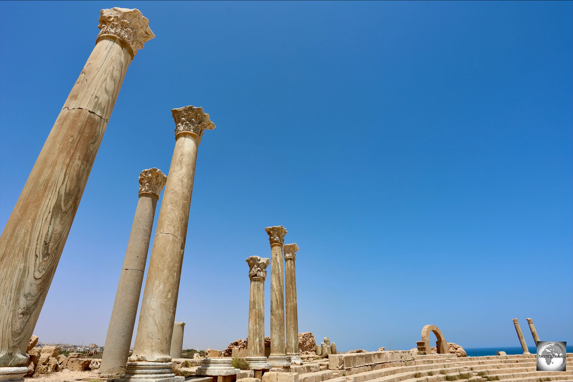 Marble columns, installed on the top tier of the Roman theatre at Leptis magna.