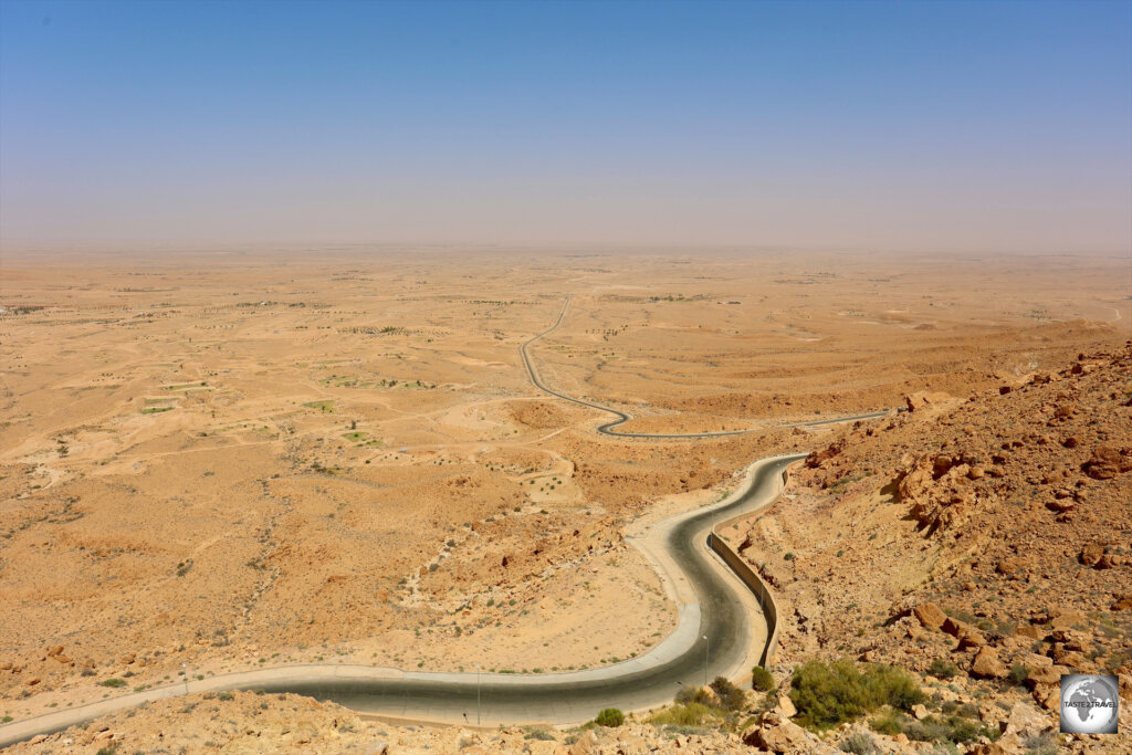 A view of the vast desert plain in western Libya, from the escarpment which defines the dramatic northern edge of the Nafusa mountains.
