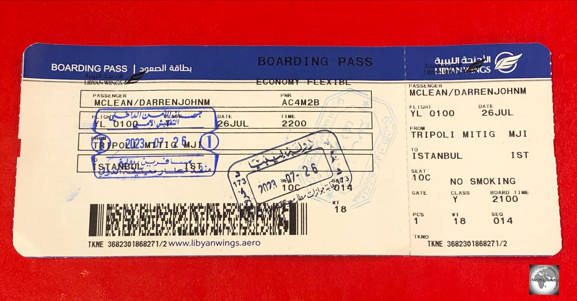 My Libyan Wings boarding pass, flying from Tripoli to Istanbul.