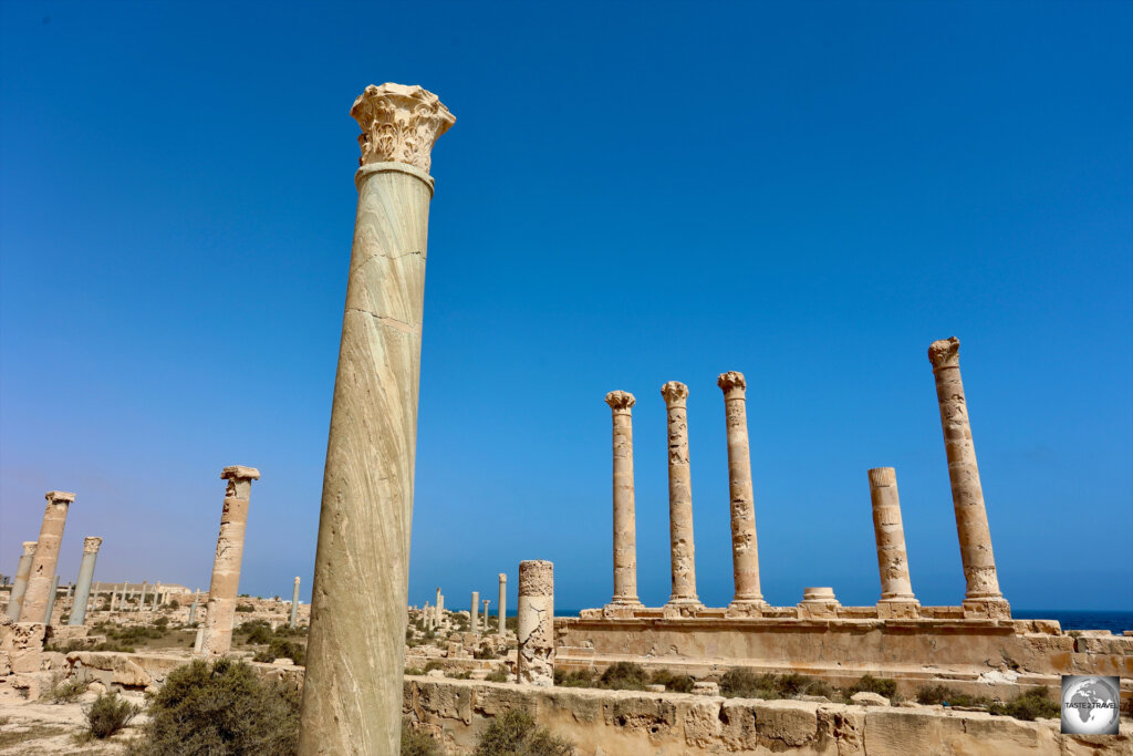 A view of the columns of the Antonine temple at Sabratha, Libya.