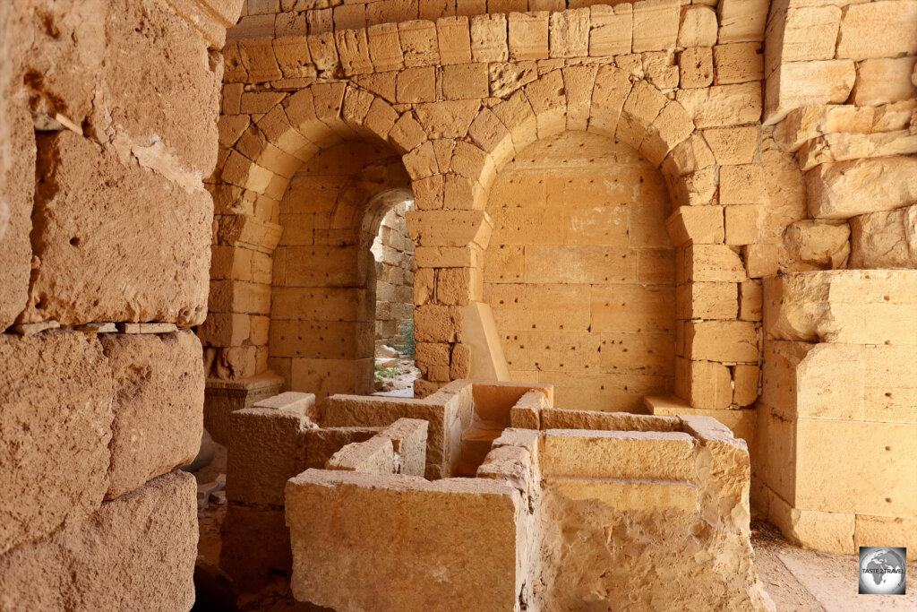 A cross-shared basin inside the Severan Basilica at Leptis Magna..