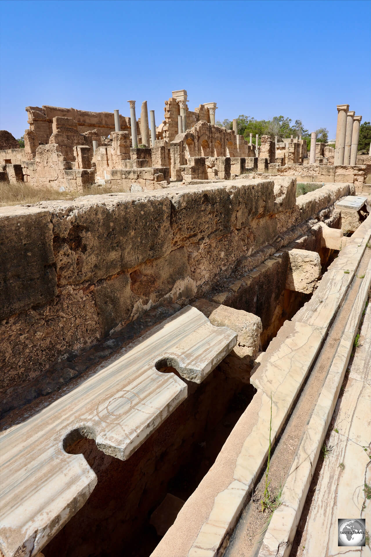 The marble latrines at Leptis Magna with the Baths of Hadrian in the background.