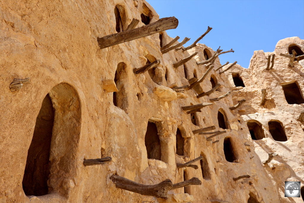 Wooden tree branches and stone steps were used to climb the Kabaw granary.