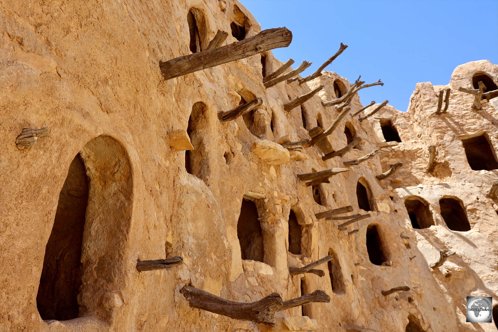 Wooden tree branches and stone steps were used to climb the Kabaw granary.