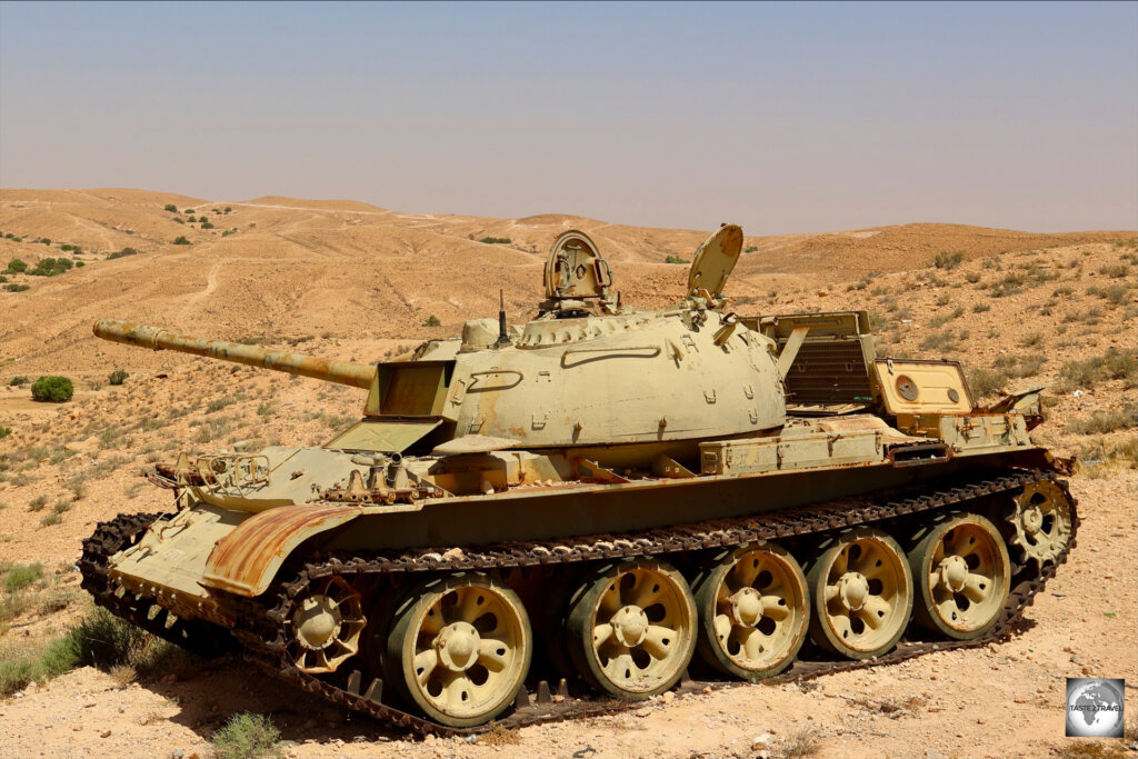 An abandoned tank on the side of the road, a regular sight in Libya, a country with a turbulent history.