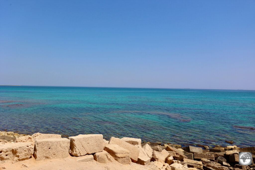 The ruins of Leptis Magna overlook the Mediterranean Sea.