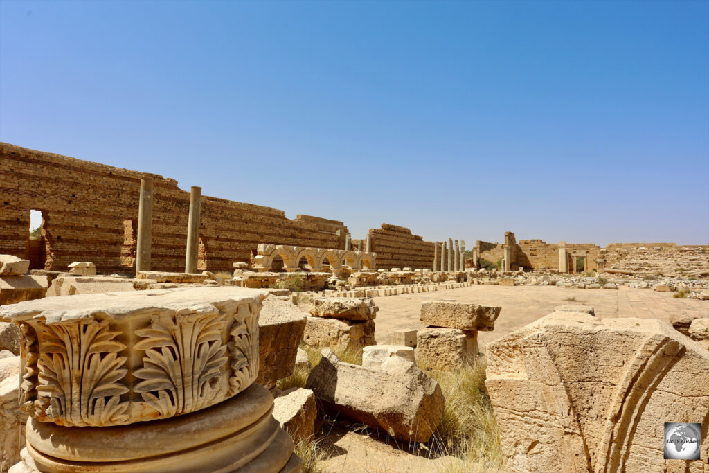 A view of the expansive Severan Forum at Leptis Magna.