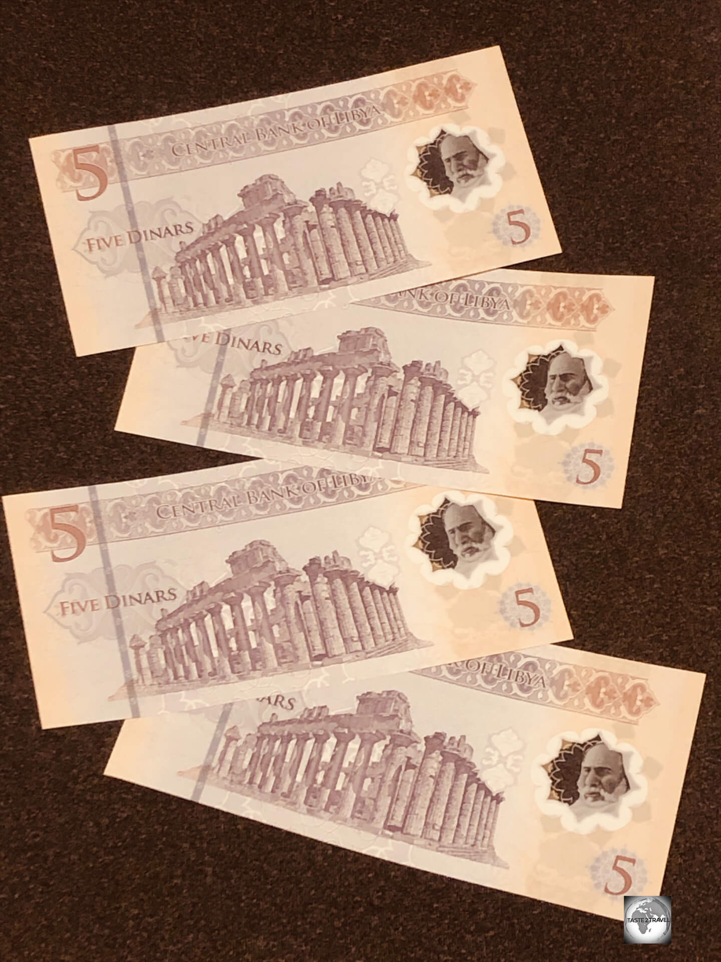 Uncirculated, five Libyan dinar, polymer banknotes.