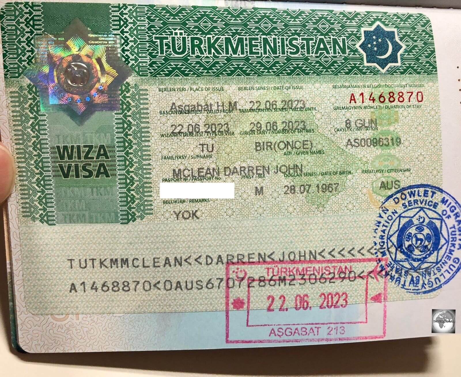My visa for Turkmenistan which was issued on arrival at Ashgabat International Airport.