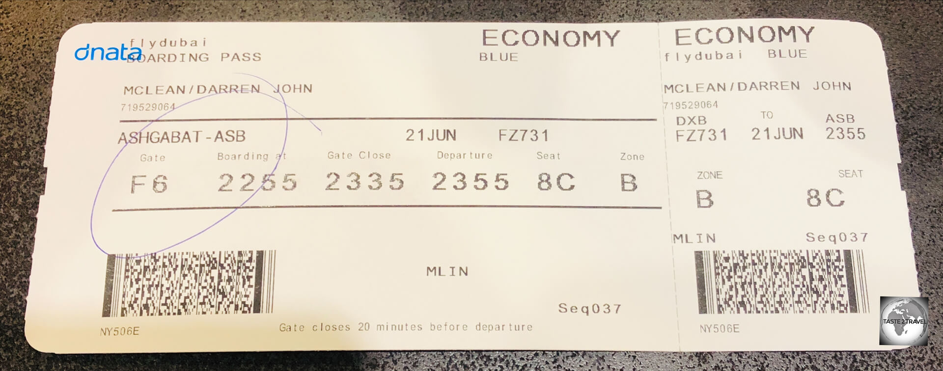 My boarding pass, for my flight from Dubai to Ashgabat.