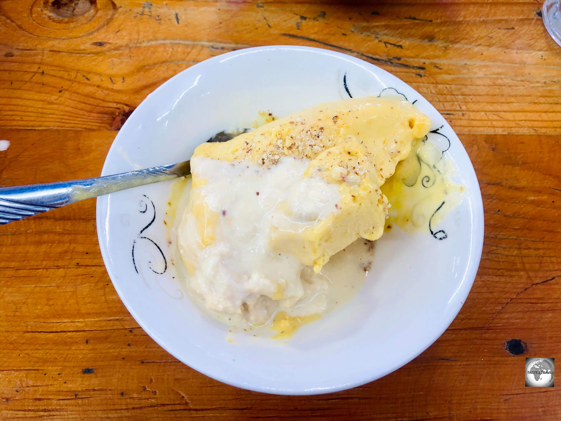 A plate of divine, Sheer Yakh, made from fresh mangoes, served in an ice cream shop in Mazar-i-Sharif.