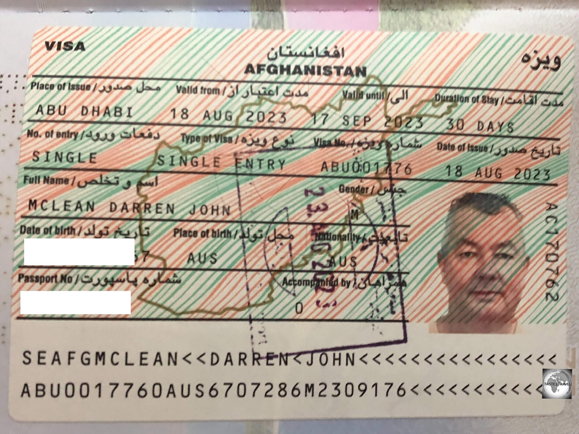 My visa for Afghanistan was issued at the Afghanistan Embassy in Abu Dhabi, and was valid for 30 days.