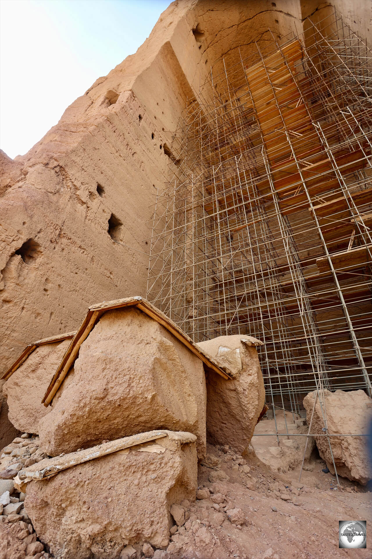 Fragments, from the destroyed Western Buddha, have been covered, pending future restoration.