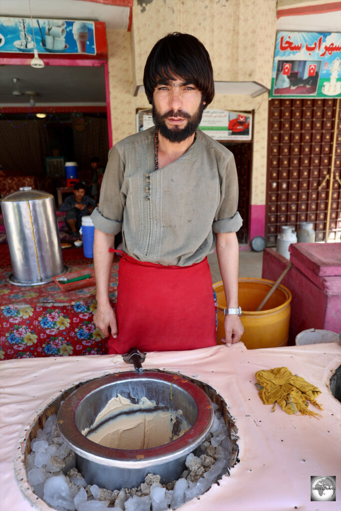 A master maker of Sheer Yakh - Afghan Kulfi Ice cream - in the town of Balkh.