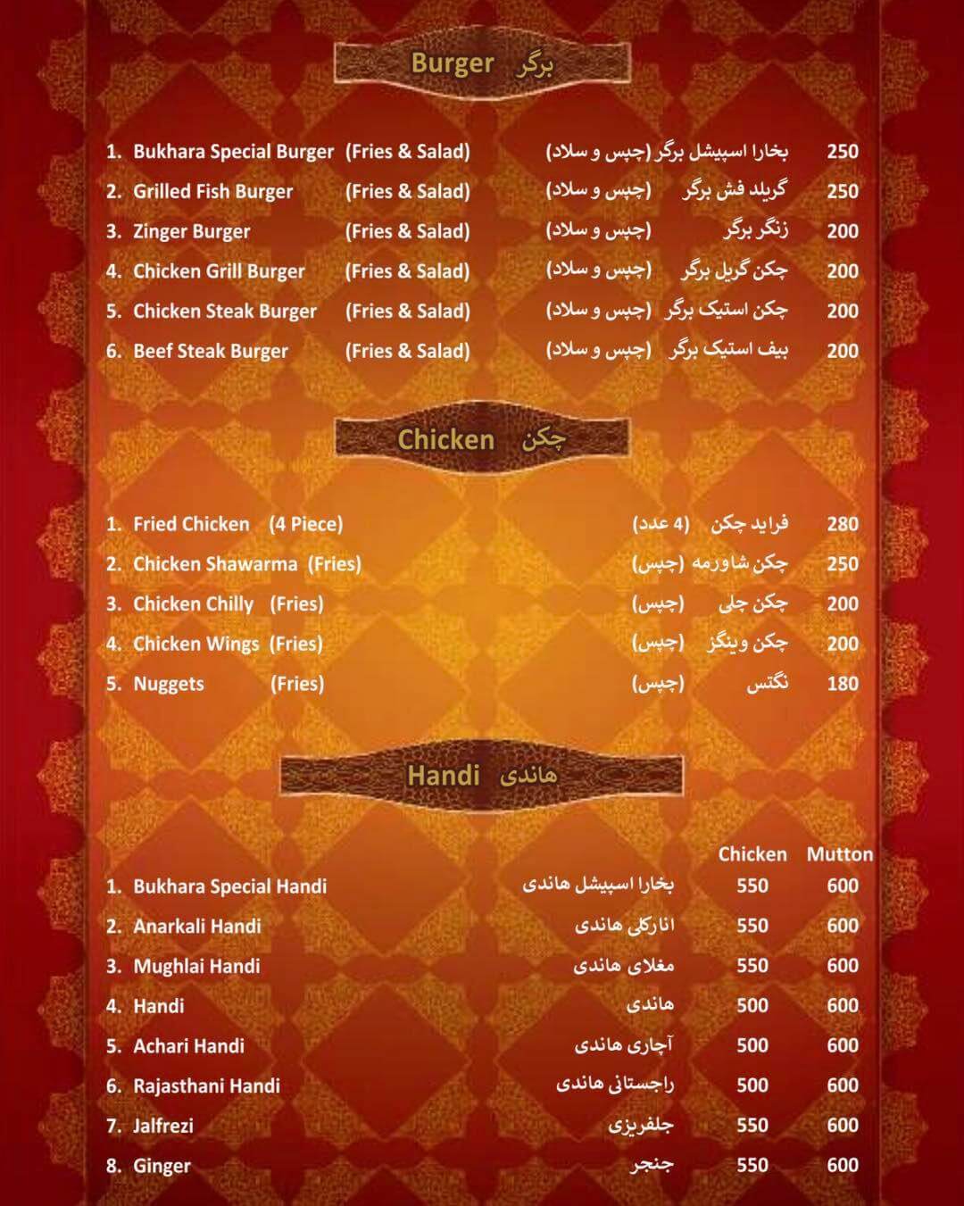 Menu prices, at the very fine, Bukhara Restaurant, in Kabul.