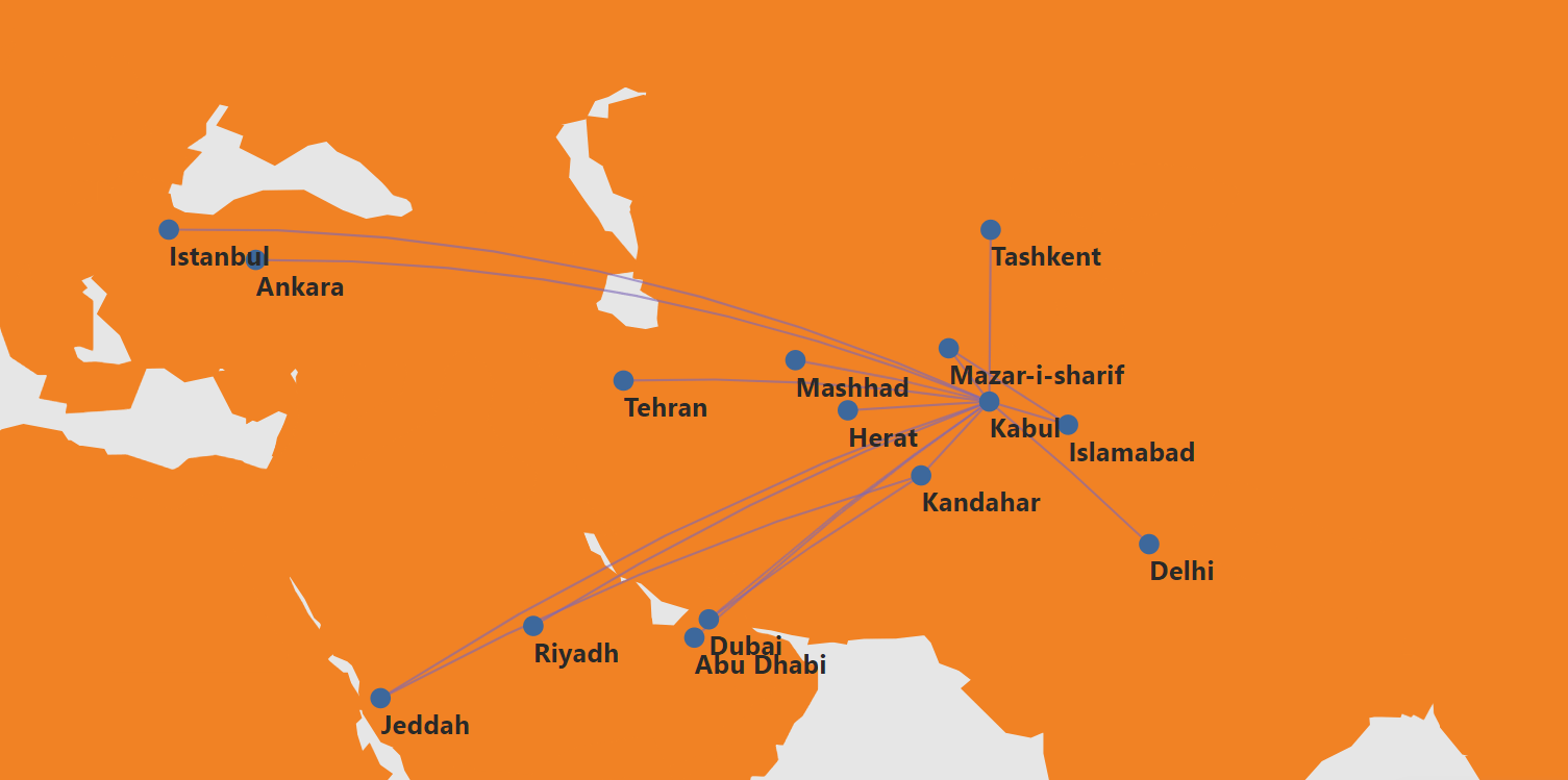 The current (September 2023) Kam Air route map.