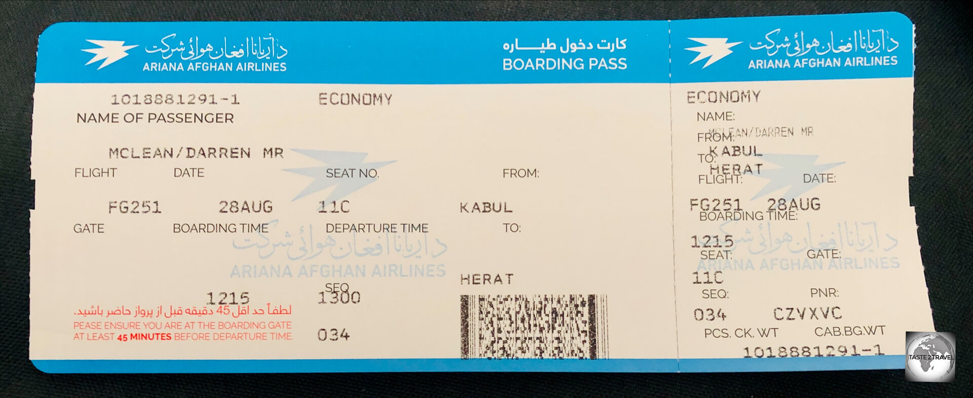 My boarding pass with Ariana Afghan Airlines, for my flight from Kabul to Herat.