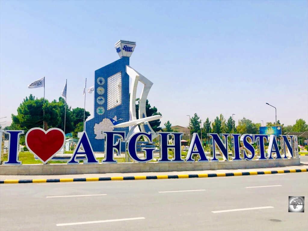 "I Love Afghanistan" sign at Kabul International Airport.