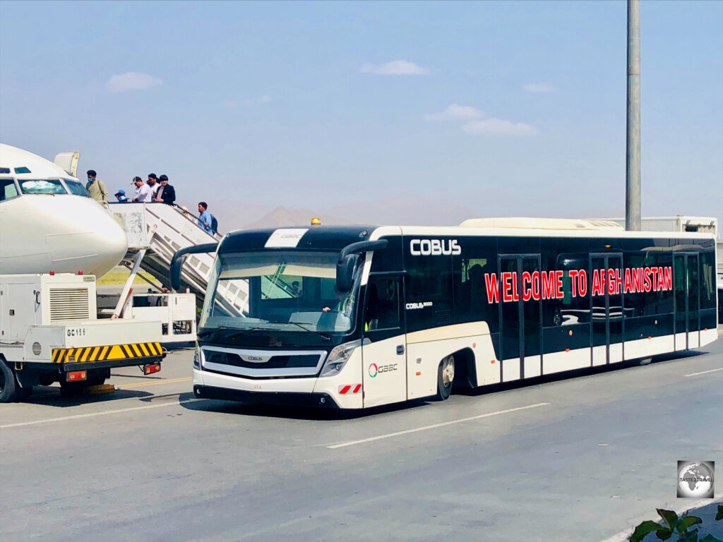 Airport shuttle bus at Kabul International Airport.