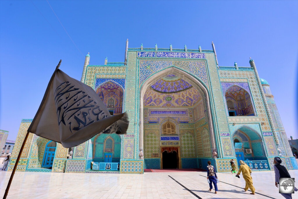 The Taliban flag, flying at the blue Mosque in Mazar-i-Sharif.