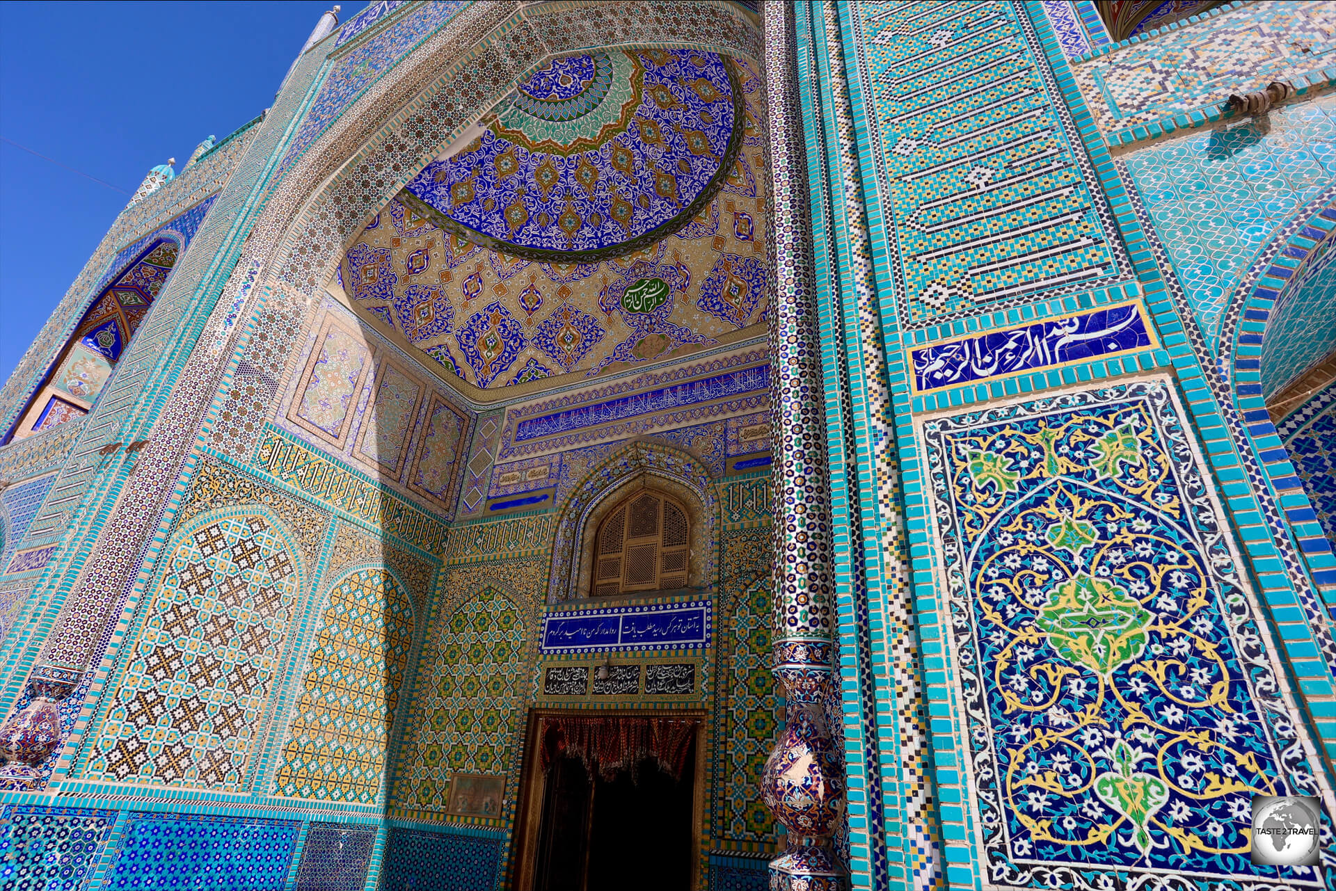The stunning Blue Mosque, in Mazar-i-Sharif, is made of blue hues of highly detailed mosaic tiles, inspired by Persian design.