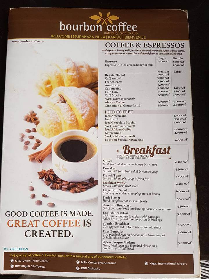 Menu prices at Bourbon Coffee, one of the best café chains in Kigali.
